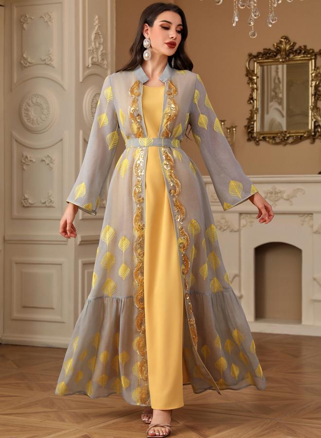 Take Two Women Sequin Patch Detail Belted Kimono with Dress Set - Image 1